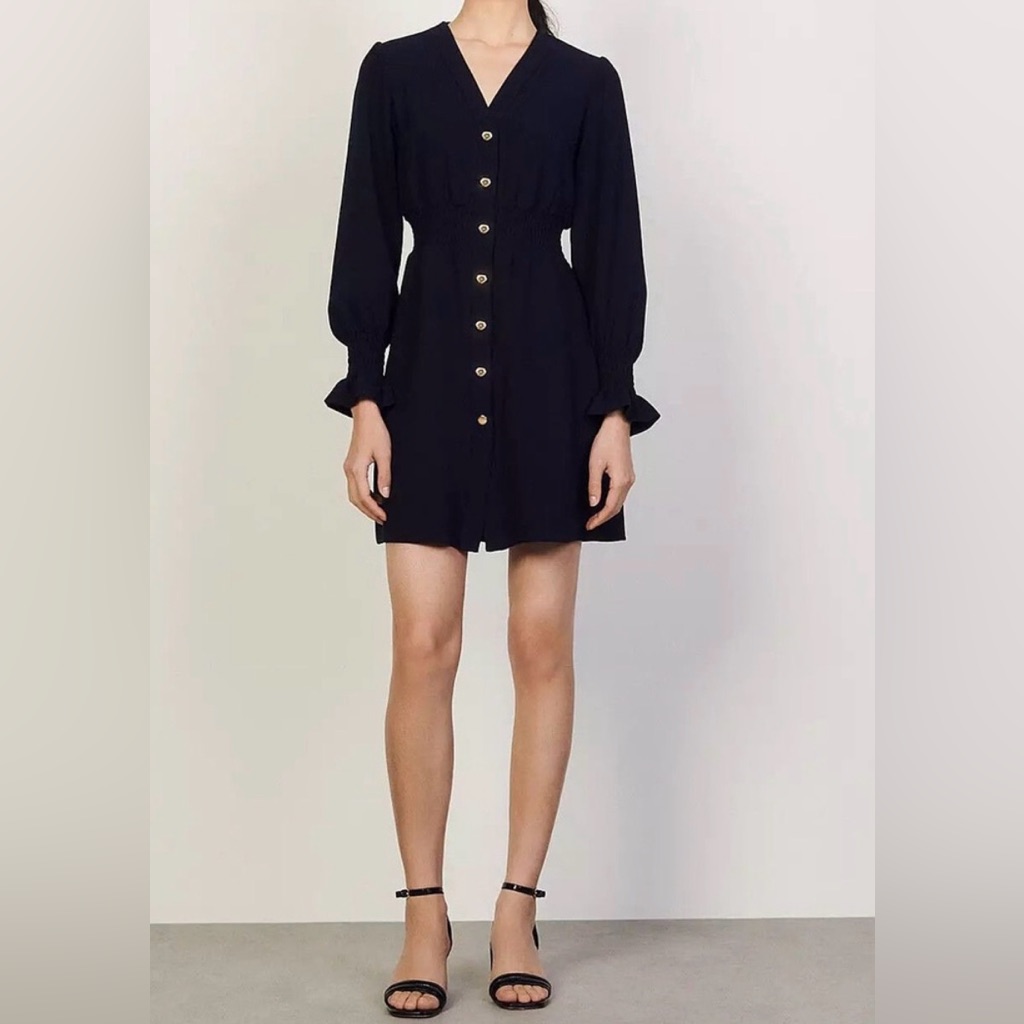 Sandro Paris New Lylie Button Front Short Dress Black Long Sleeve 8 Romantic